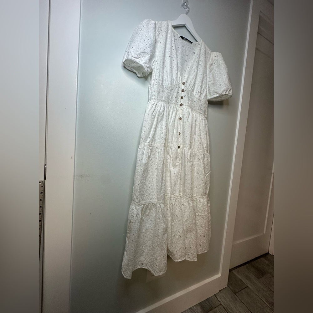 Zara White Lace Eyelet Boho Coastal Cottagecore Prairie Midi Dress Size Large - Picture 13 of 17